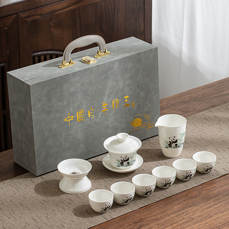 Set Gongfu de ceai din porțelan alb Dehua, gaiwan și ceainic, cutie cadou albastru-alb