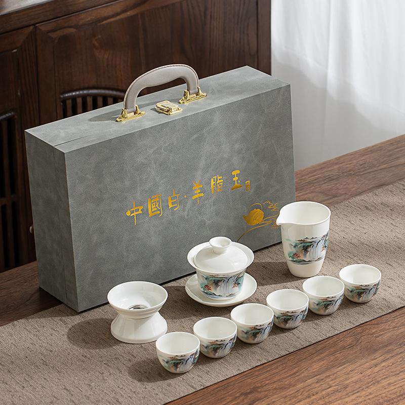 Set Gongfu de ceai din porțelan alb Dehua, gaiwan și ceainic, cutie cadou albastru-alb