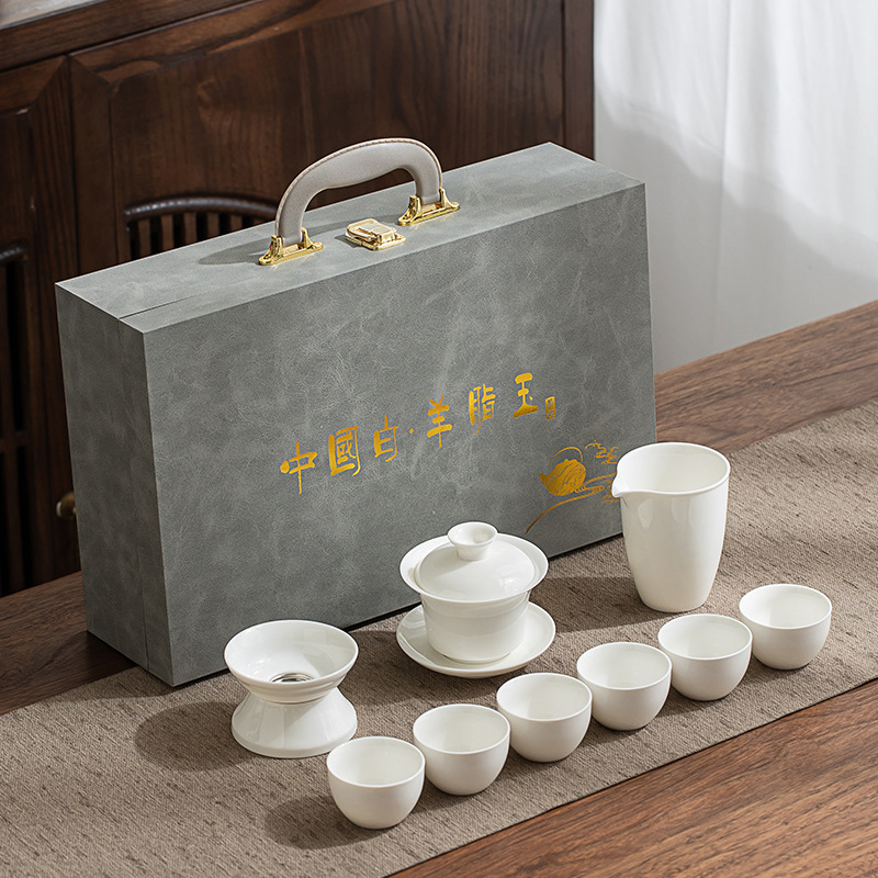 Set Gongfu de ceai din porțelan alb Dehua, gaiwan și ceainic, cutie cadou albastru-alb