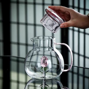 Sticlă de apă din sticlă borosilicat, cu mâner, transparentă, design cu trandafiri