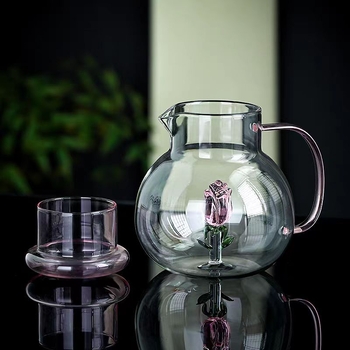 Sticlă de apă din sticlă borosilicat, cu mâner, transparentă, design cu trandafiri