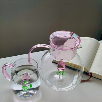 Sticlă de apă din sticlă borosilicat, cu mâner, transparentă, design cu trandafiri