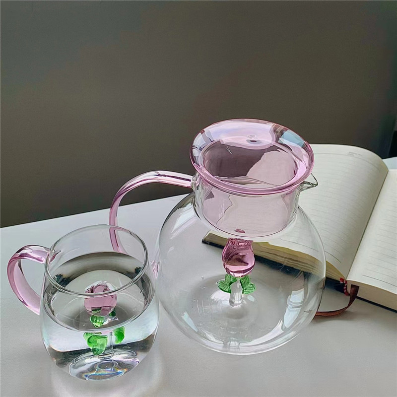 Sticlă de apă din sticlă borosilicat, cu mâner, transparentă, design cu trandafiri