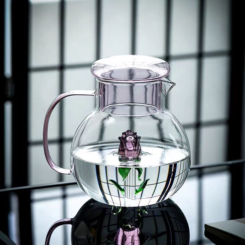 Sticlă de apă din sticlă borosilicat, cu mâner, transparentă, design cu trandafiri