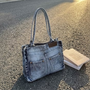 Denim torba u vintage stilu s nišnim dizajnom, retro torba s džepovima, mala kvadratna torba za žene, umjetnička torba preko ramena