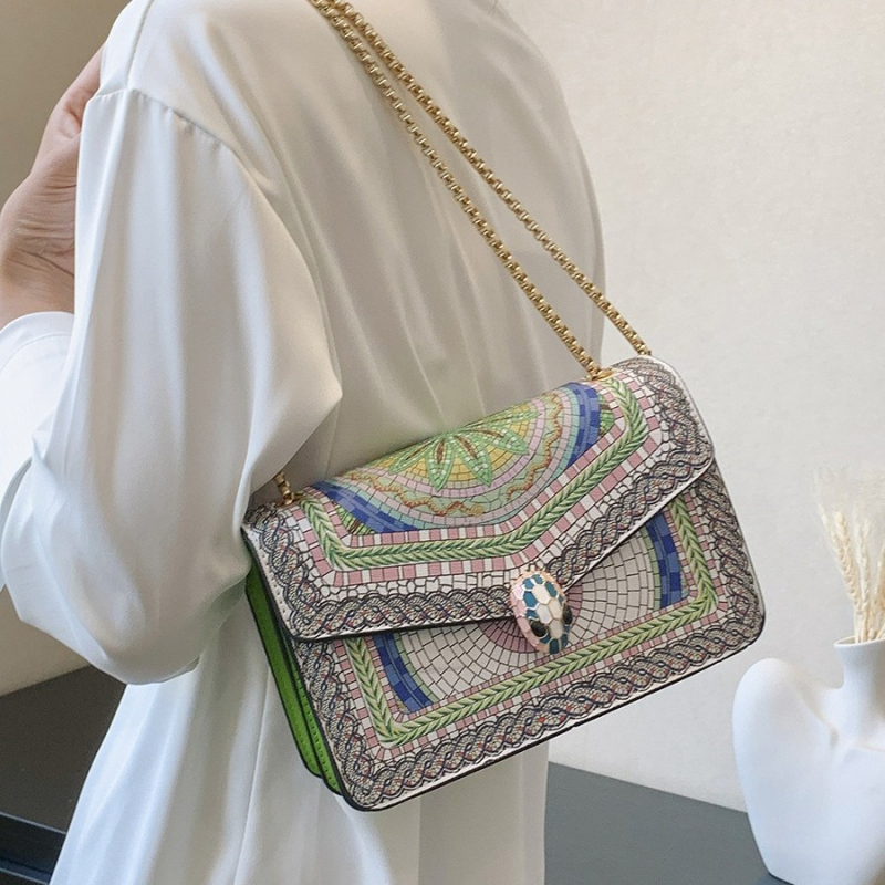 Etno stil mala kvadratna torbica s lancem za žene – modna torba za rame i crossbody s printom
