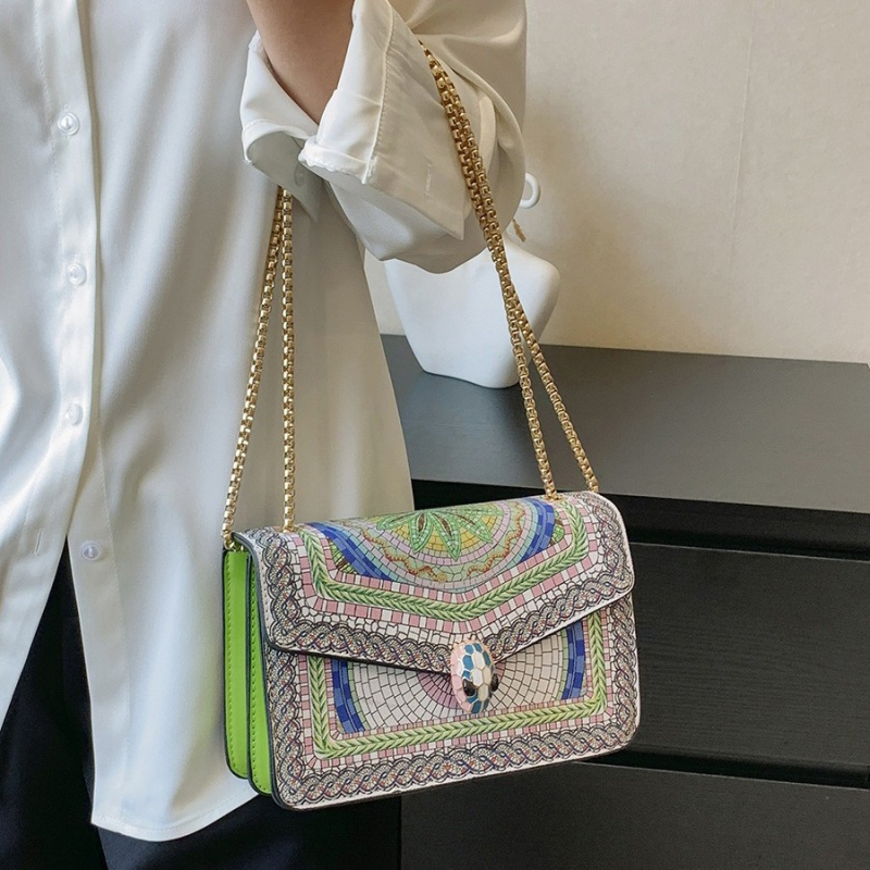 Etno stil mala kvadratna torbica s lancem za žene – modna torba za rame i crossbody s printom