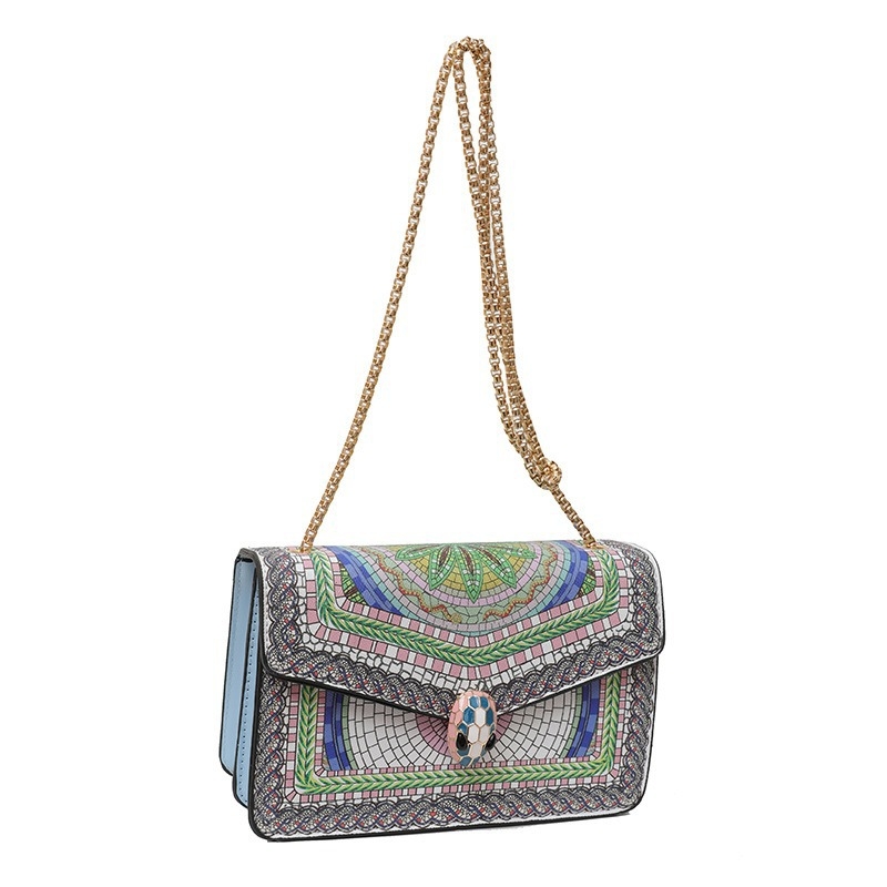Etno stil mala kvadratna torbica s lancem za žene – modna torba za rame i crossbody s printom