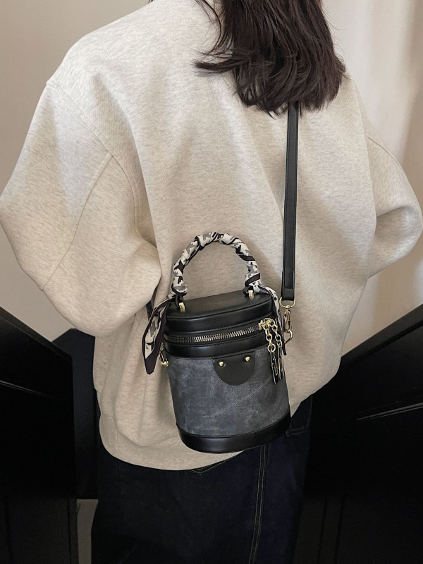 Ženska PU cilindrična bucket torba, preko ramena i ručnog nošenja, elegantna i vrhunska