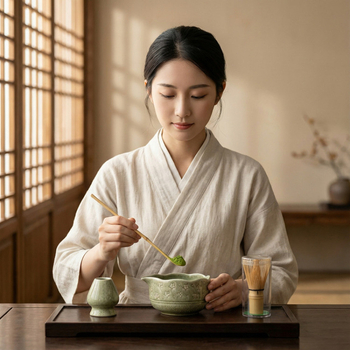 Ceașcă ceramică Sakura pentru matcha, cu tel de bambus și suport — set de instrumente pentru ceremonia ceaiului