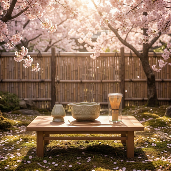 Ceașcă ceramică Sakura pentru matcha, cu tel de bambus și suport — set de instrumente pentru ceremonia ceaiului