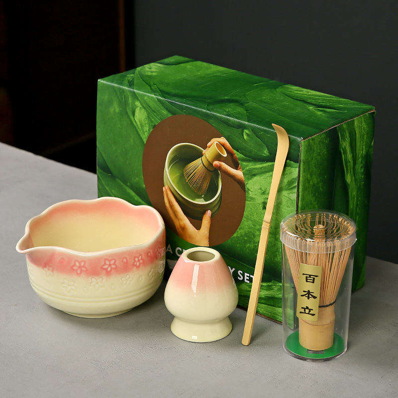 Ceașcă ceramică Sakura pentru matcha, cu tel de bambus și suport — set de instrumente pentru ceremonia ceaiului