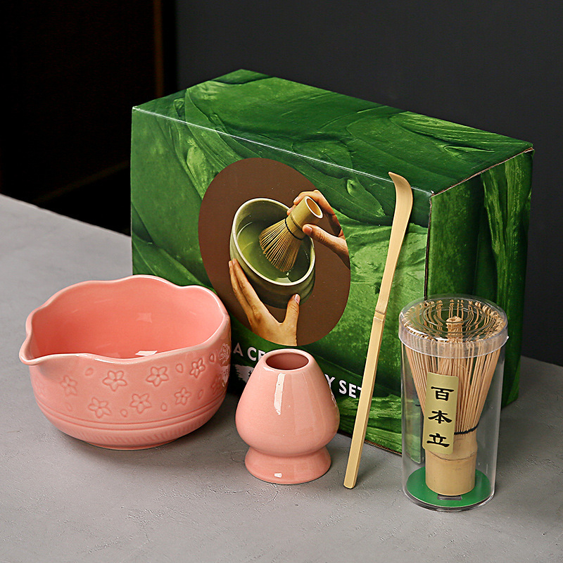 Ceașcă ceramică Sakura pentru matcha, cu tel de bambus și suport — set de instrumente pentru ceremonia ceaiului