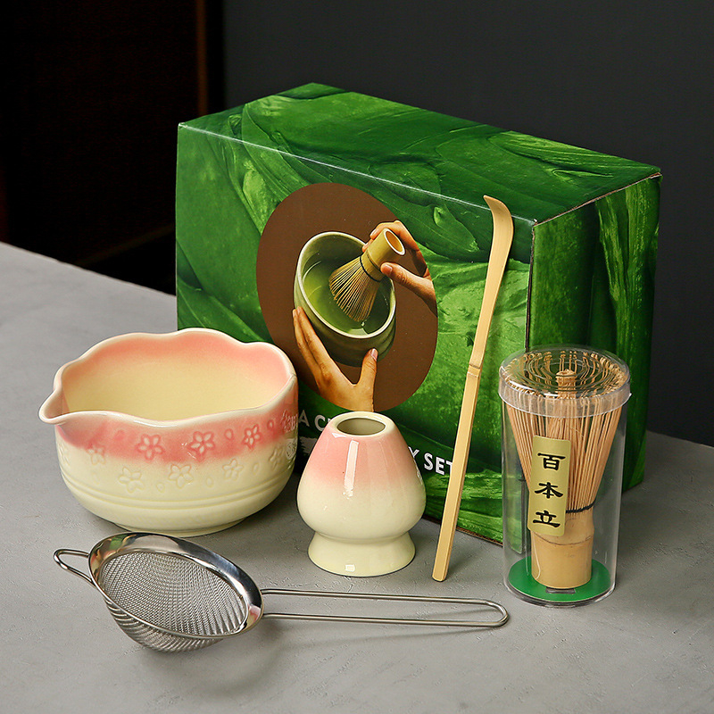 Ceașcă ceramică Sakura pentru matcha, cu tel de bambus și suport — set de instrumente pentru ceremonia ceaiului