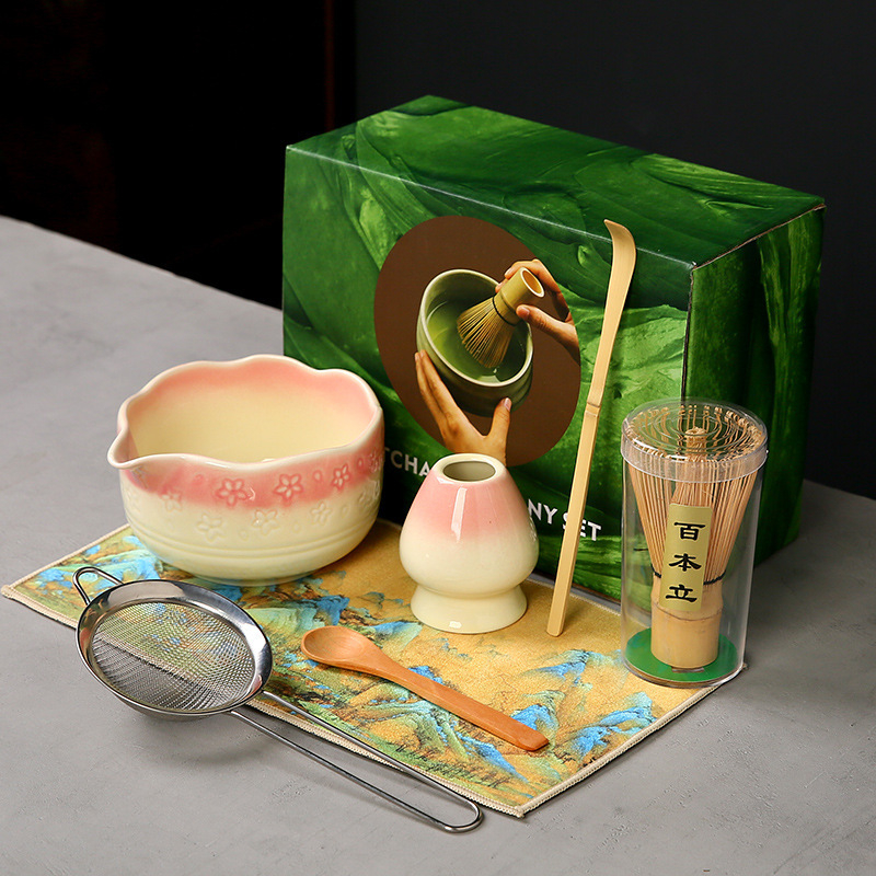 Ceașcă ceramică Sakura pentru matcha, cu tel de bambus și suport — set de instrumente pentru ceremonia ceaiului