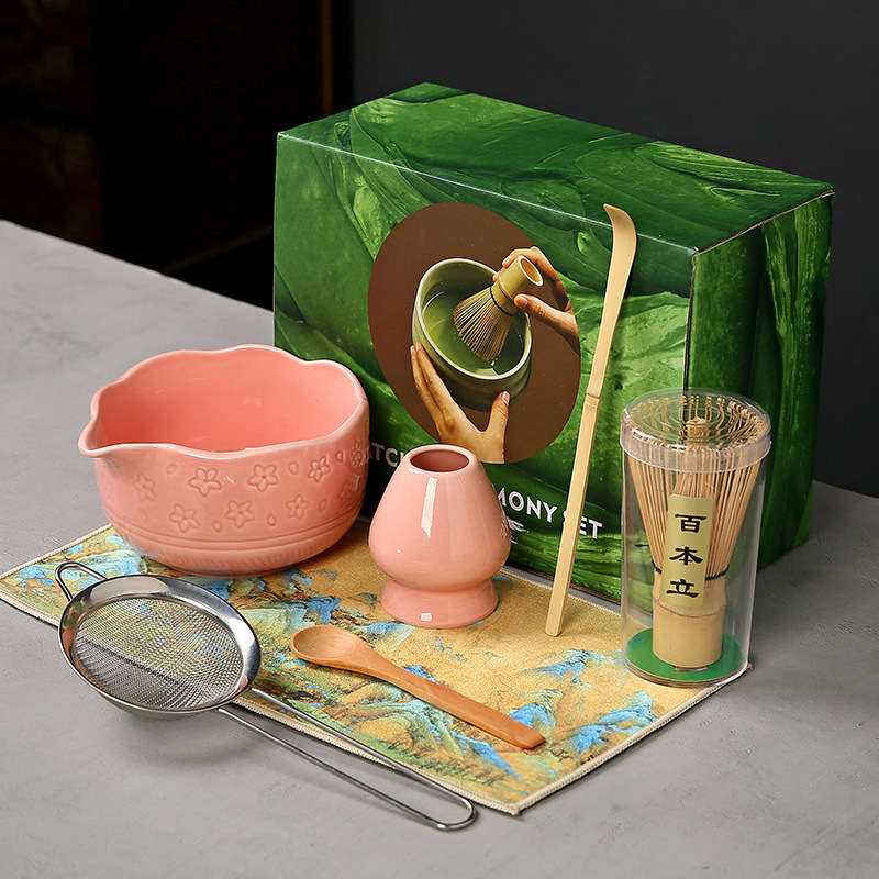 Ceașcă ceramică Sakura pentru matcha, cu tel de bambus și suport — set de instrumente pentru ceremonia ceaiului