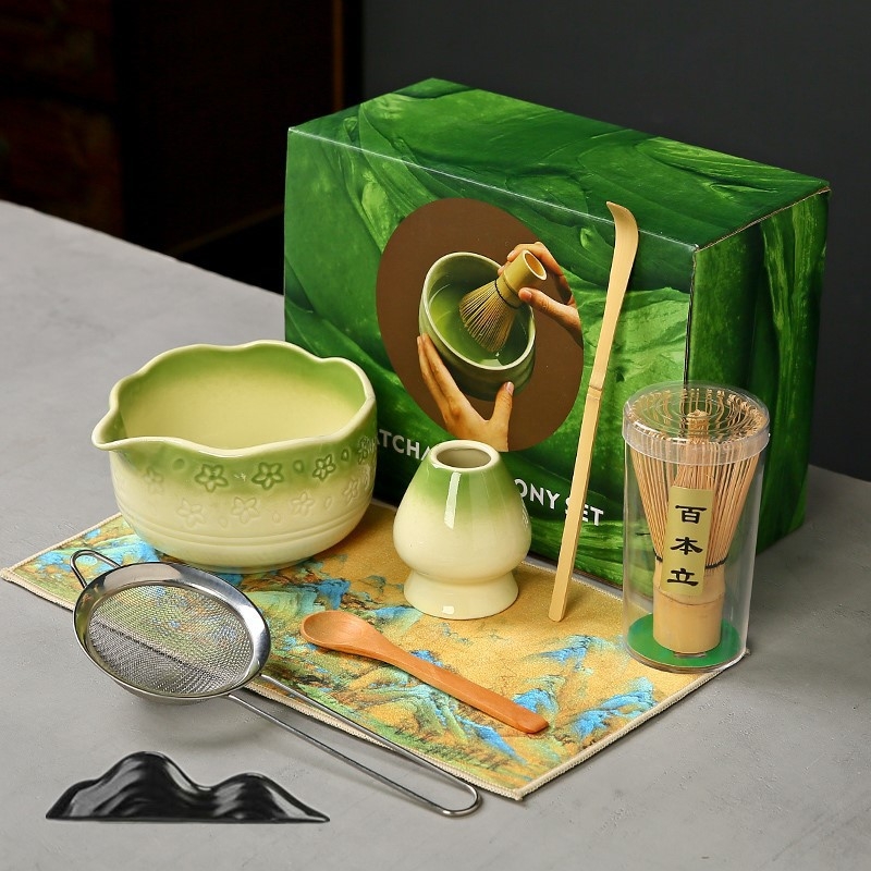 Ceașcă ceramică Sakura pentru matcha, cu tel de bambus și suport — set de instrumente pentru ceremonia ceaiului