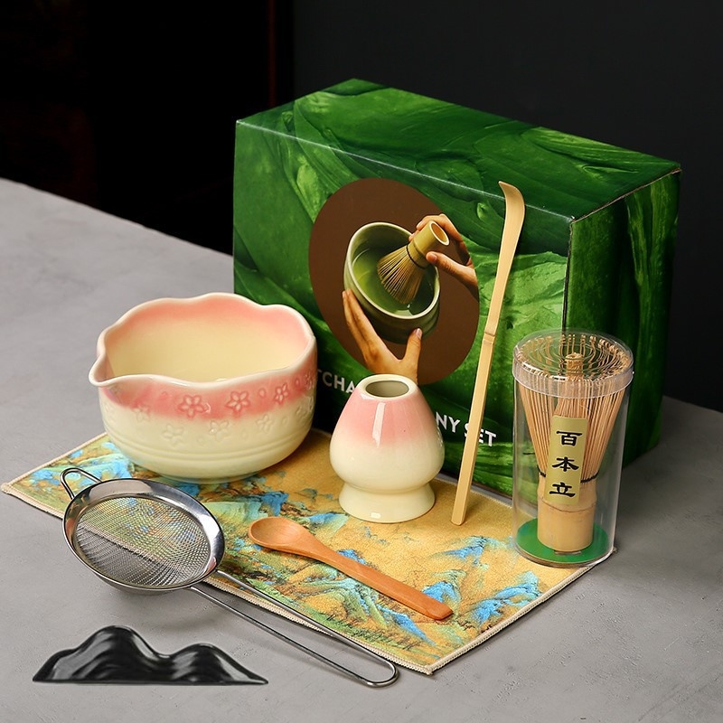 Ceașcă ceramică Sakura pentru matcha, cu tel de bambus și suport — set de instrumente pentru ceremonia ceaiului