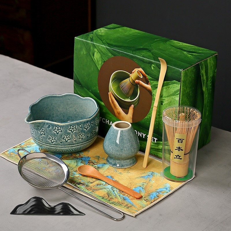 Ceașcă ceramică Sakura pentru matcha, cu tel de bambus și suport — set de instrumente pentru ceremonia ceaiului