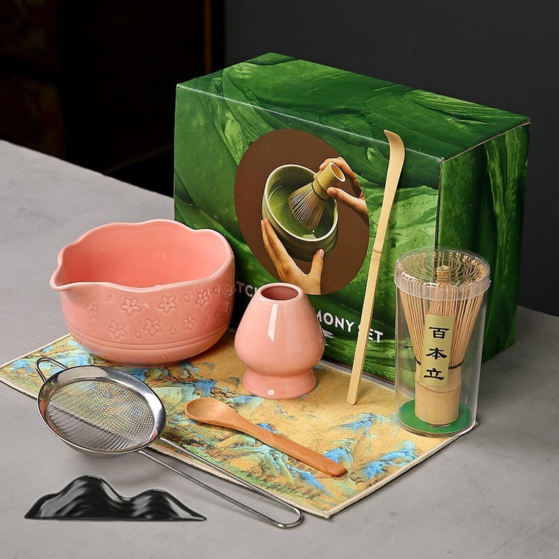 Ceașcă ceramică Sakura pentru matcha, cu tel de bambus și suport — set de instrumente pentru ceremonia ceaiului