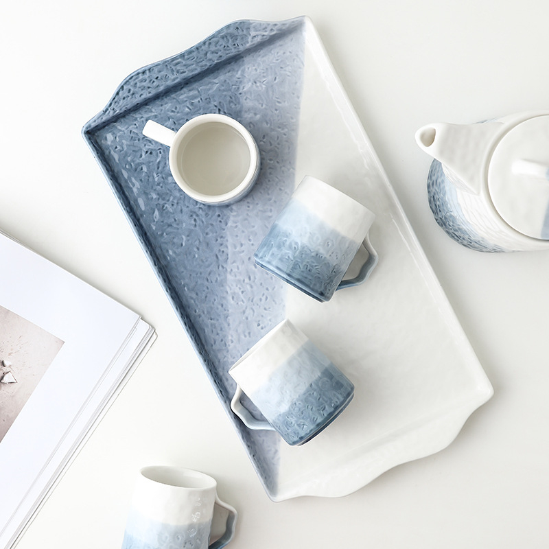 Set ceainic pentru apă caldă pentru uz casnic, cu ceașcă ceramică, gradient albastru-alb