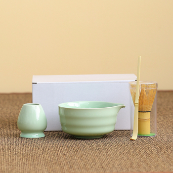 Set japonez din ceramică pentru matcha, cu tel de bambus, perie pentru matcha și linguriță pentru ceai