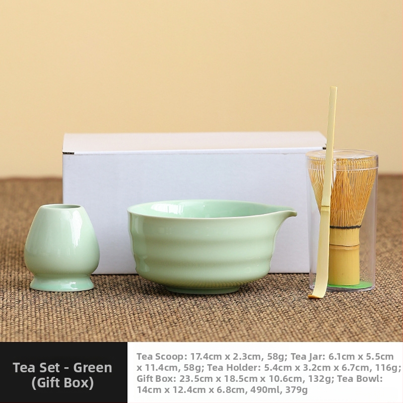 Set japonez din ceramică pentru matcha, cu tel de bambus, perie pentru matcha și linguriță pentru ceai