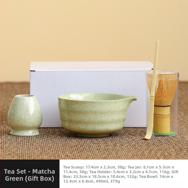 Set japonez din ceramică pentru matcha, cu tel de bambus, perie pentru matcha și linguriță pentru ceai