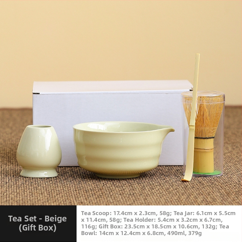 Set japonez din ceramică pentru matcha, cu tel de bambus, perie pentru matcha și linguriță pentru ceai