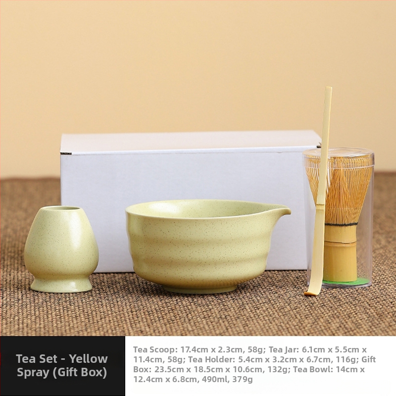 Set japonez din ceramică pentru matcha, cu tel de bambus, perie pentru matcha și linguriță pentru ceai