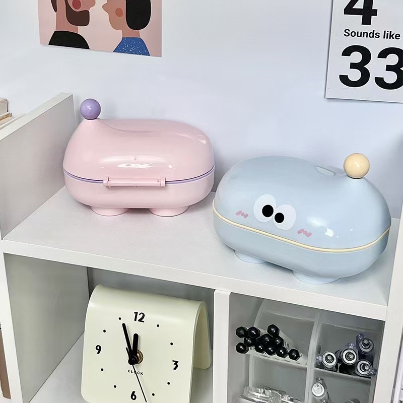 Cutie săpun cu capac și drenaj, desen animat cu ochi mari, pentru uz casnic și spălătorie, cămin studențesc