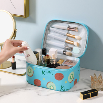 Geantă PU pentru cosmetică, în formă de cub cu design fructat, impermeabilă, organizator de călătorie