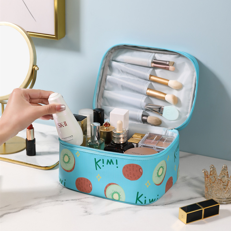 Geantă PU pentru cosmetică, în formă de cub cu design fructat, impermeabilă, organizator de călătorie