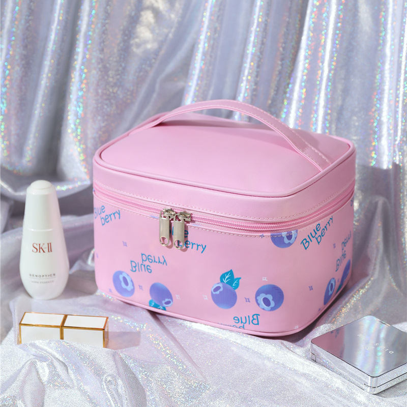 Geantă PU pentru cosmetică, în formă de cub cu design fructat, impermeabilă, organizator de călătorie