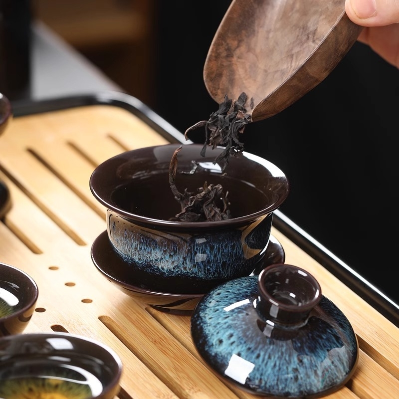 Set ceai Kung Fu din ceramică cu ceainic, cești și gaiwan pentru uz casnic și la birou