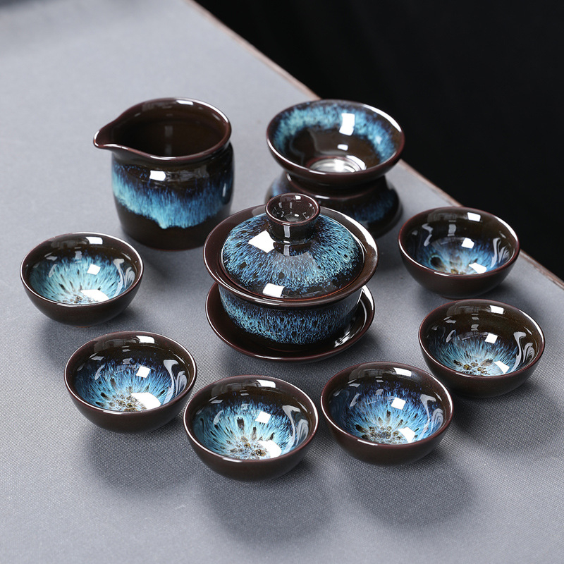 Set ceai Kung Fu din ceramică cu ceainic, cești și gaiwan pentru uz casnic și la birou