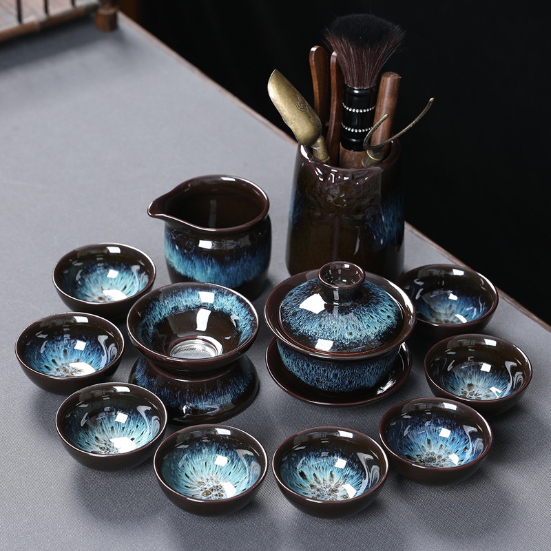 Set ceai Kung Fu din ceramică cu ceainic, cești și gaiwan pentru uz casnic și la birou