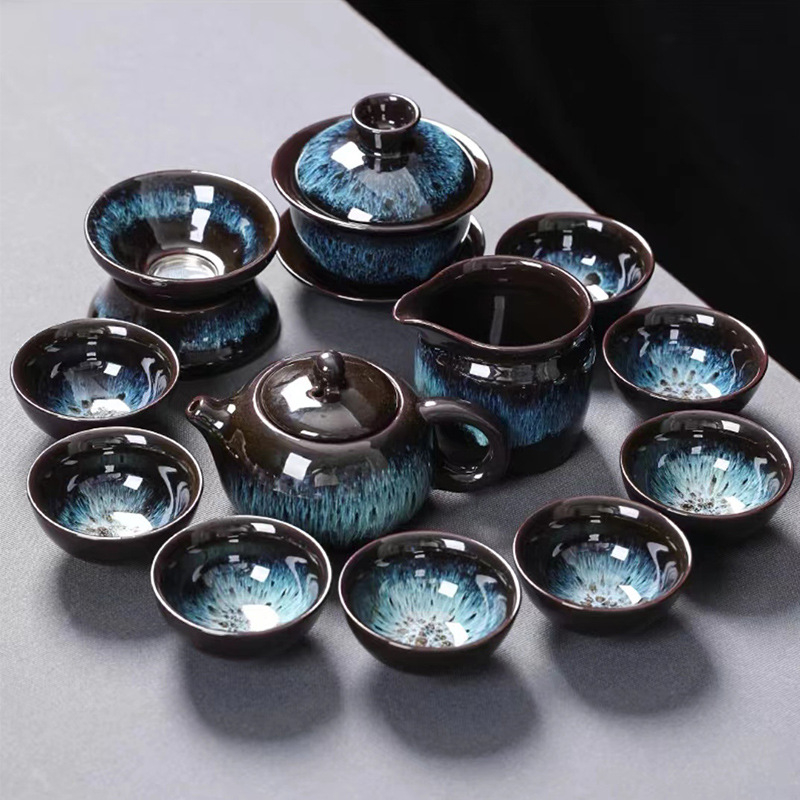 Set ceai Kung Fu din ceramică cu ceainic, cești și gaiwan pentru uz casnic și la birou