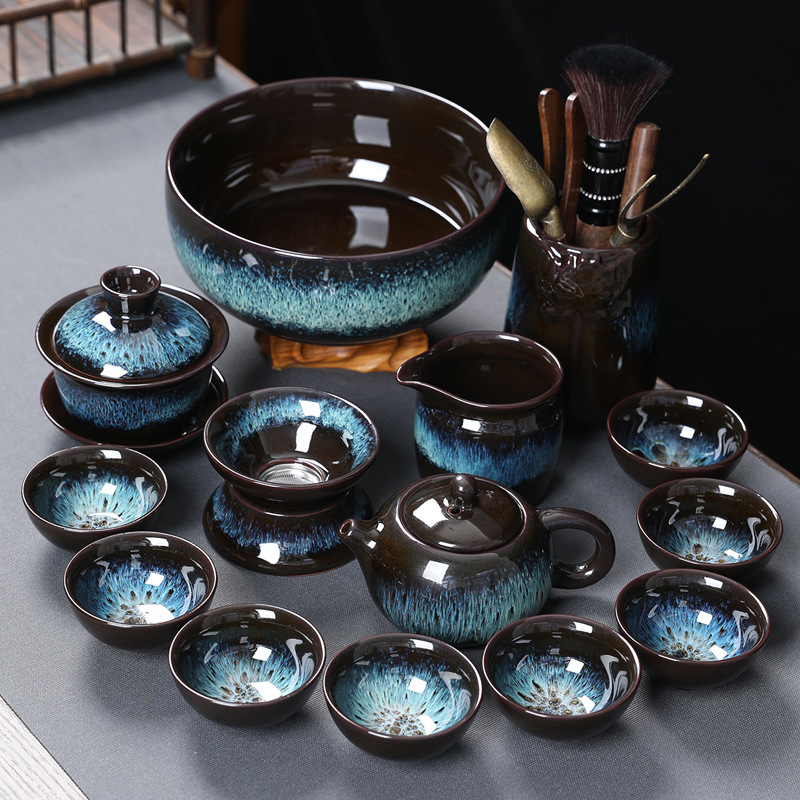 Set ceai Kung Fu din ceramică cu ceainic, cești și gaiwan pentru uz casnic și la birou