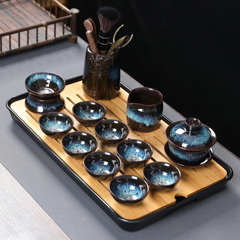 Set ceai Kung Fu din ceramică cu ceainic, cești și gaiwan pentru uz casnic și la birou