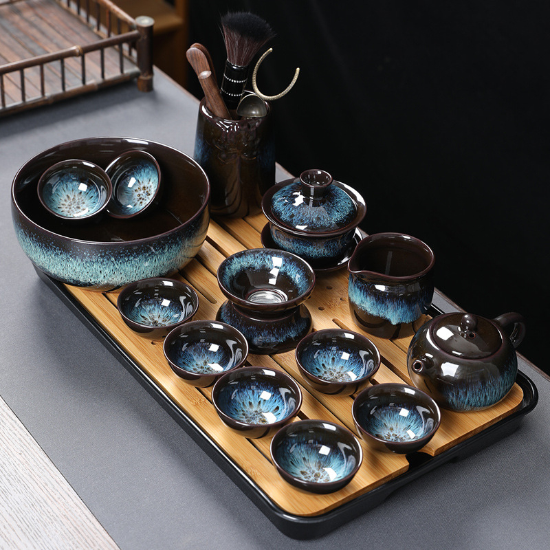 Set ceai Kung Fu din ceramică cu ceainic, cești și gaiwan pentru uz casnic și la birou