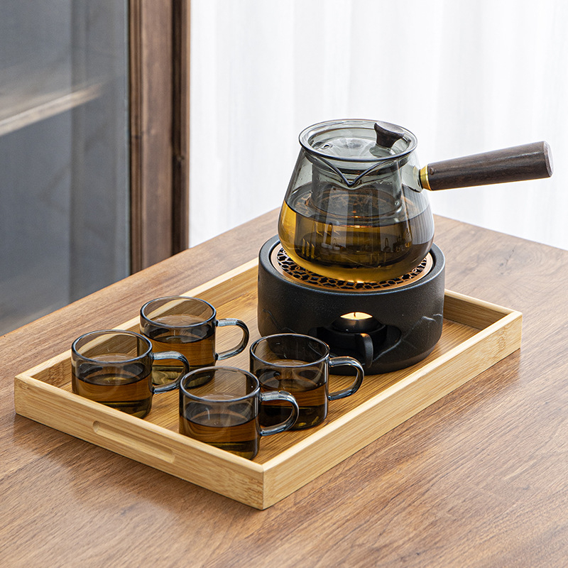 Set ceai din sticlă în stil japonez, cu ceainic, cupă de echilibrare, încălzitor cu lumânare și bază ceramică