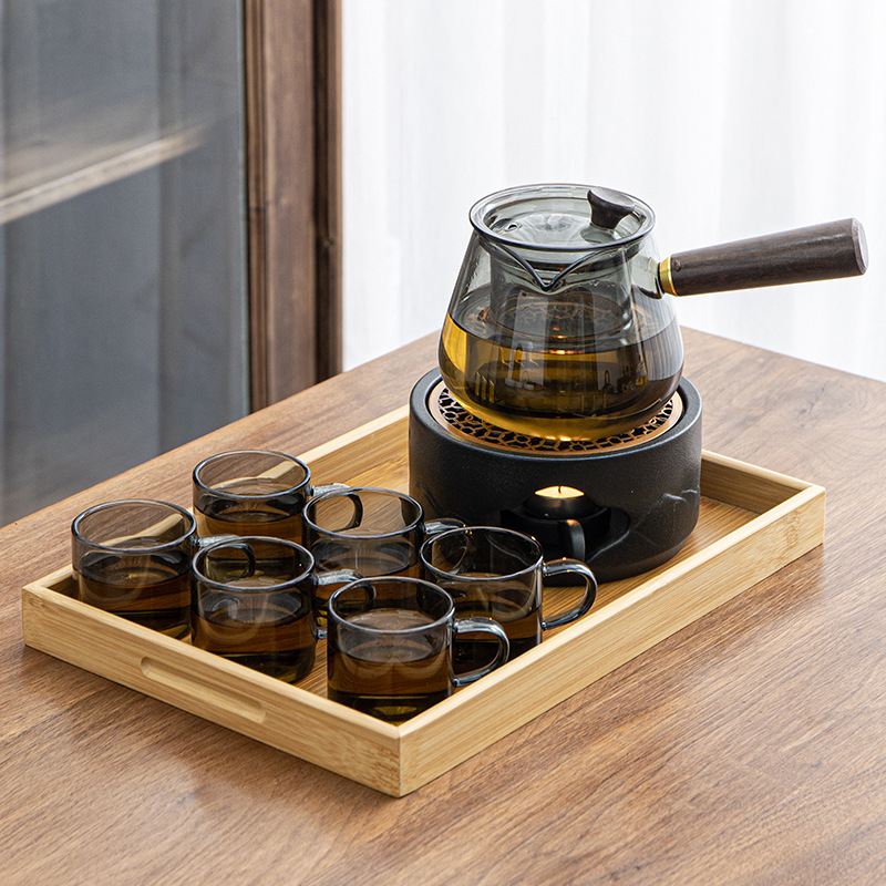Set ceai din sticlă în stil japonez, cu ceainic, cupă de echilibrare, încălzitor cu lumânare și bază ceramică