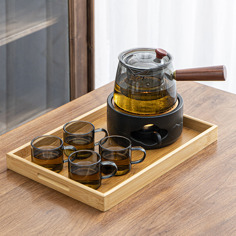 Set ceai din sticlă în stil japonez, cu ceainic, cupă de echilibrare, încălzitor cu lumânare și bază ceramică