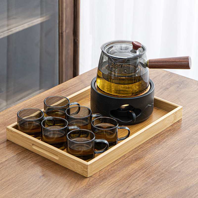 Set ceai din sticlă în stil japonez, cu ceainic, cupă de echilibrare, încălzitor cu lumânare și bază ceramică
