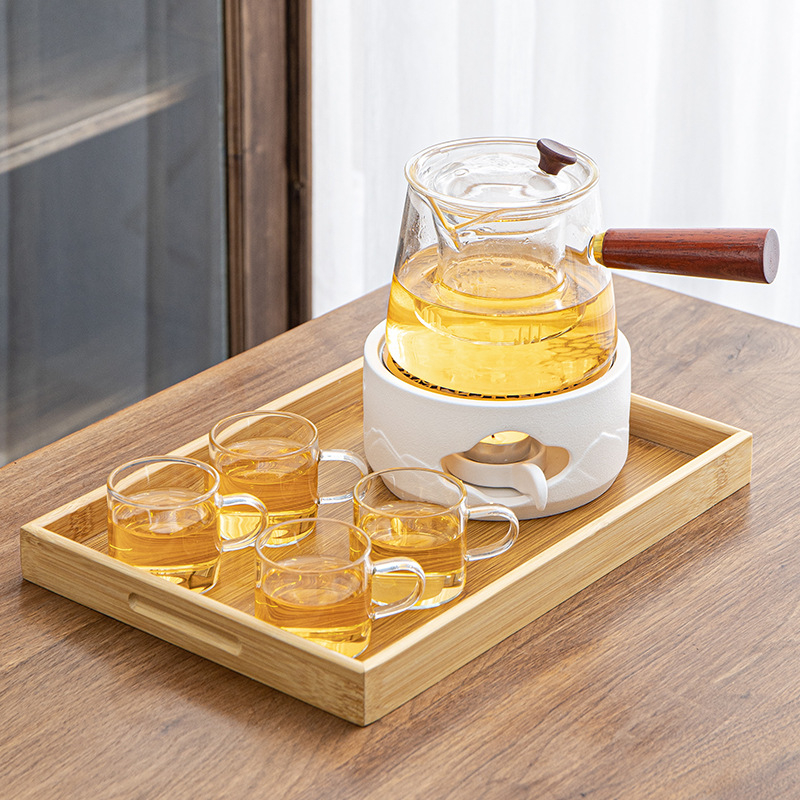 Set ceai din sticlă în stil japonez, cu ceainic, cupă de echilibrare, încălzitor cu lumânare și bază ceramică
