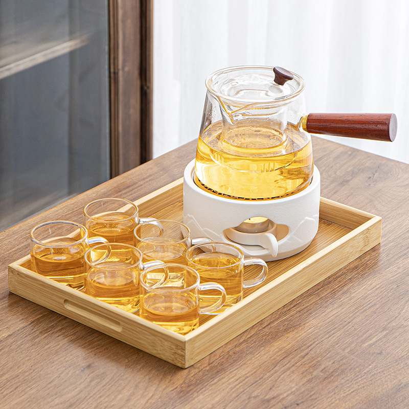 Set ceai din sticlă în stil japonez, cu ceainic, cupă de echilibrare, încălzitor cu lumânare și bază ceramică