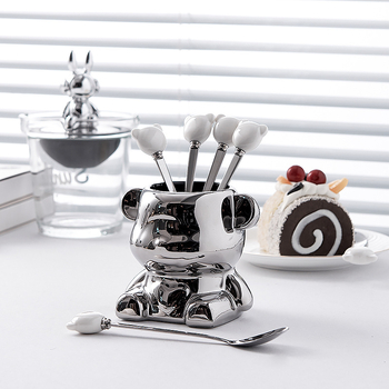 Set de furculițe din oțel inoxidabil pentru fructe, ursuleț ceramic, tacâmuri elegante pentru casă