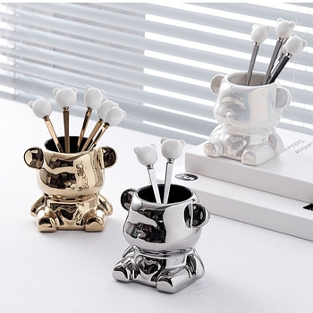 Set de furculițe din oțel inoxidabil pentru fructe, ursuleț ceramic, tacâmuri elegante pentru casă