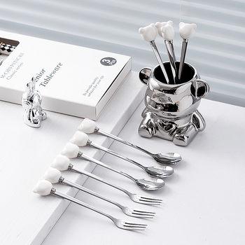 Set de furculițe din oțel inoxidabil pentru fructe, ursuleț ceramic, tacâmuri elegante pentru casă